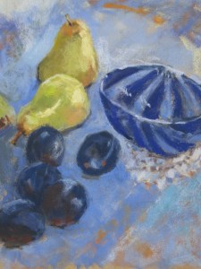 Blue Striped Glass Murano Bowl Still Life with pears plums murano glass bowl